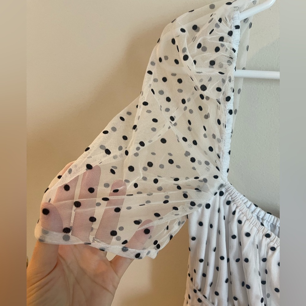Vale Dress in White MAJORELLE small polka dot dress sheer sleeve ruffles - Picture 9 of 9